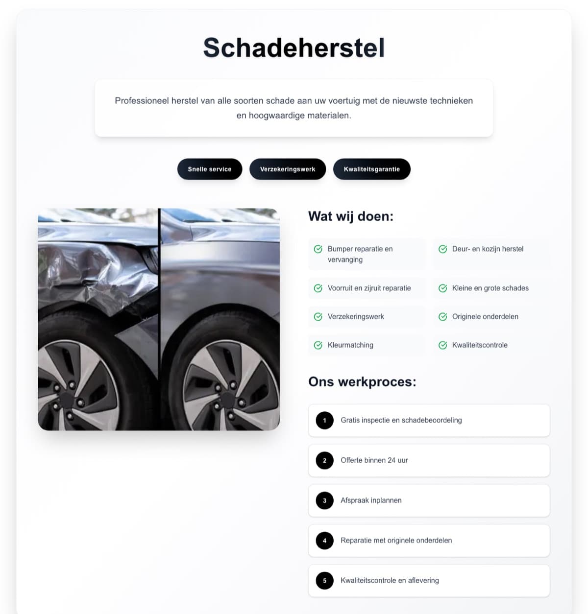 A service detail page of the MKM Carrosserie website we built
