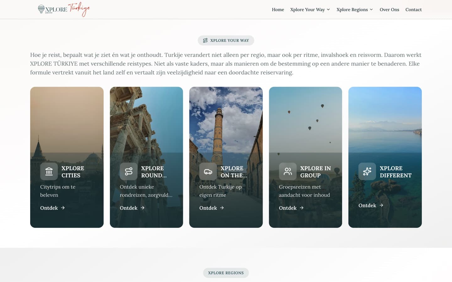 The five travel styles section of the Xplore Türkiye homepage