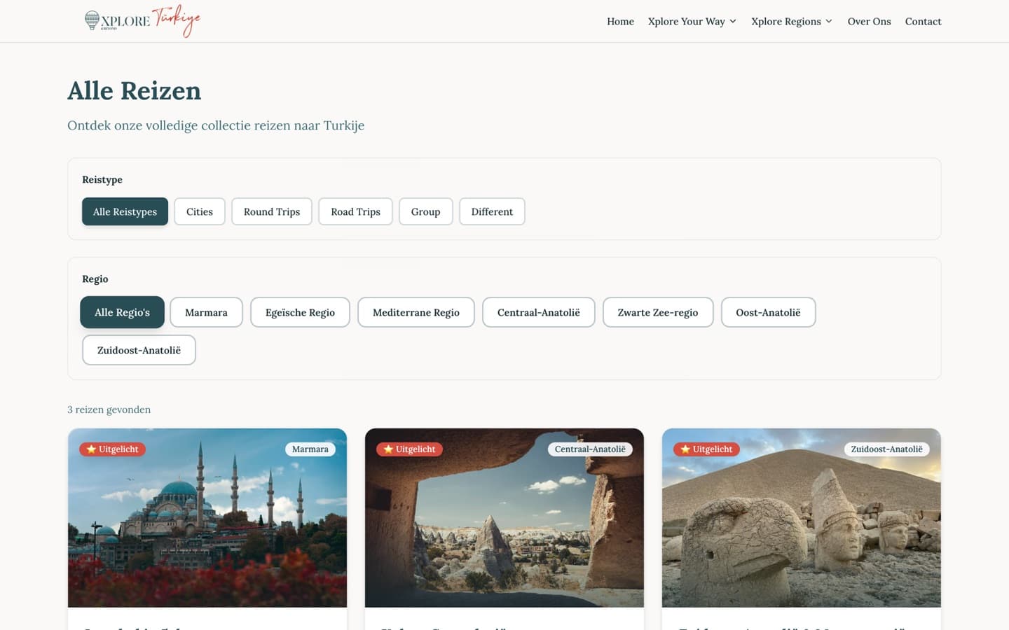De filterbare reiscatalogus van de Xplore Türkiye-website