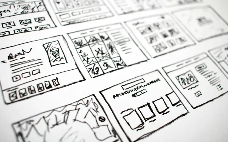 Geschetste wireframes uitgelegd tijdens de planning
